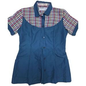 Angelica Uniform Shirt Womens 16 Blue Plaid Short Sleeve Tunic Pockets Waitress